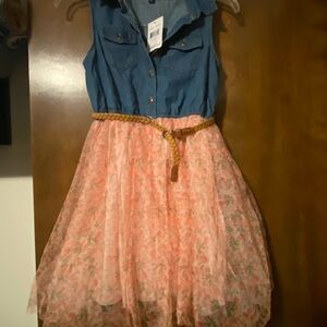 Lilt Denim and Floral Pink Dress with Gold Belt